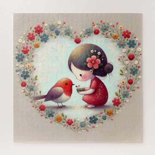 Süßer Robin und Kleines Mädchen Blumiges Herz Puzzle (Vertikal)