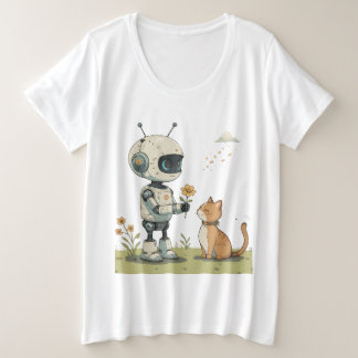 Süßer Roboter gibt Katze Blumen Süße Kinderkunst Große Größe T-Shirt