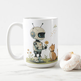 Süßer Roboter gibt Katze Blumen Süße Kinderkunst Kaffeetasse