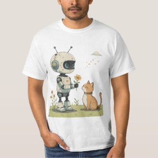 Süßer Roboter gibt Katze Blumen Süße Kinderkunst T-Shirt