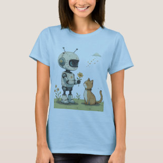 Süßer Roboter gibt Katze Blumen Süße Kinderkunst T-Shirt