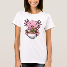 Süßer rosa Axolotl isst Ramen-Nudeln Cartoon
