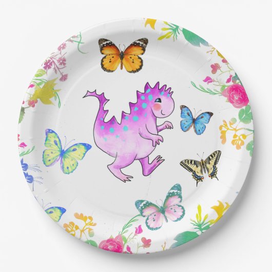 Süßer rosa Drache und Blumen Pappteller (Vorderseite)