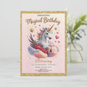 Süßer Rosa Einhorn Geburtstag Einladung (Stehend Vorderseite)