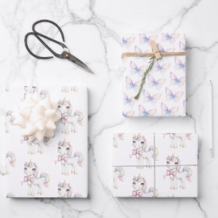 Süßer Rosa Einhorn Schmetterlinge Geburtstag Geschenkpapier Set
