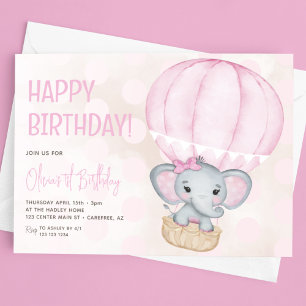 Süßer Rosa Elefant Luftballon 1. Geburtstag Einladung