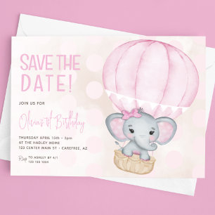 Süßer rosa Elefant Luftballon 1. Geburtstag Save The Date