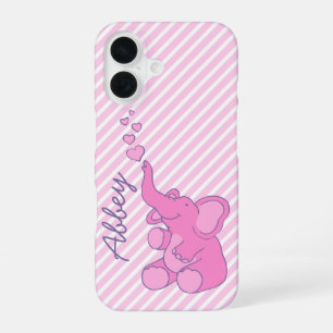 Süßer rosa Elefant mit Herzen und Streifen benannt iPhone 16 Hülle
