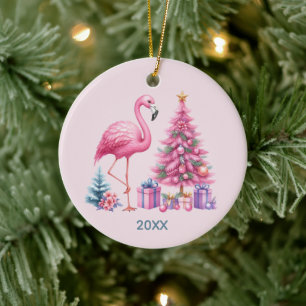 Süßer rosa Flamingo Name Jahr hinzufügen Keramik Ornament