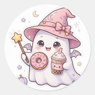 Süßer Rosa-Geist-Hexen-Donut-Boba-Halloween-Aufkle Runder Aufkleber