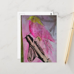 Süßer rosa-gelber Vogel und Vintage-Flugzeug-Colla Postkarte