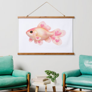 Süßer Rosa Goldfisch mit Herzen Kawaii Holz Wandteppich Mit Holzrahmen