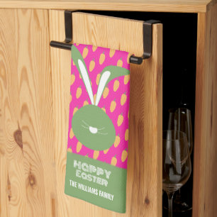 Süßer Rosa Grüner Fröhlicher Osterhase und Karotte Geschirrtuch