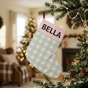 Süßer Rosa Grüner Gingham Pfotenabdruck Benutzerde Großer Weihnachtsstrumpf