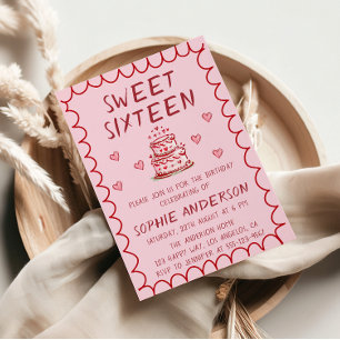 Süßer rosa handgezeichneter Kuchen und Herzen zum  Einladung
