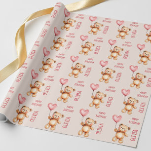 Süßer Rosa Kindername Wasserfarben Bär Alles Gute  Geschenkpapier