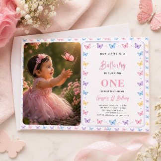 Süßer Rosa Lila Schmetterling 1. Geburtstag für Mä Einladung