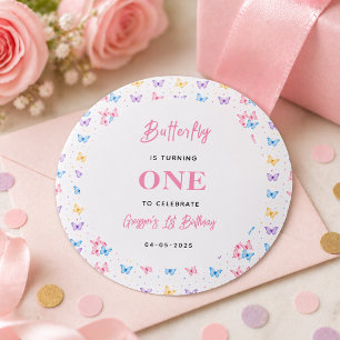 Süßer Rosa Lila Schmetterling 1. Geburtstag für Mä Runder Aufkleber