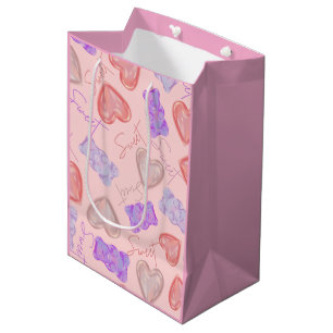 Süßer Rosa Lila Teddybär & Herz Muster Mittlere Geschenktüte