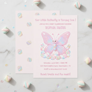 Süßer Rosa-Marshmallow-Schmetterling 1. Geburtstag Einladung