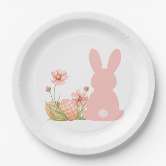Süßer rosa Osterhase mit Frühlingsblumen Pappteller (Vorderseite)
