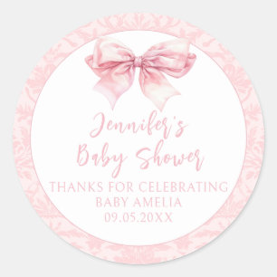 Süßer Rosa Schleifen Damast Baby Mädchen Shower Runder Aufkleber