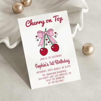 Süßer rosa Schleifen Kirsche auf dem 1. Geburtstag Einladung