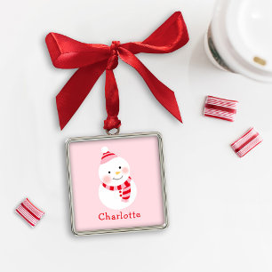 Süßer rosa Schneemann-Kindername-Weihnachtsandenke Silbernes Ornament