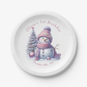 Süßer Rosa Schneemann Winter Geburtstag Pappteller