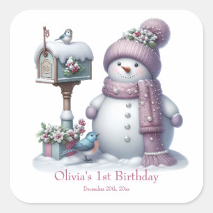 Süßer Rosa Schneemann Winter Geburtstag Quadratischer Aufkleber