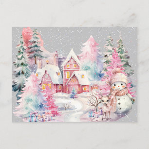 Süßer rosa Schneemann Winter-Wunderland Postkarte