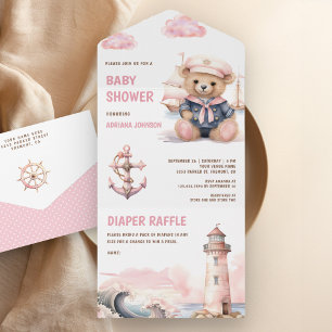 Süßer Rosa Teddybär Nautical Mädchen Baby Shower All In One Einladung