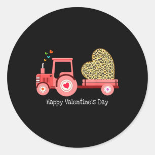 Süßer rosa Traktor mit Leopard-Herz Happy Valent Runder Aufkleber