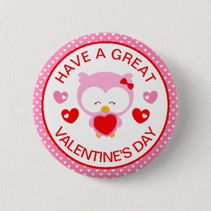 Süßer rosa Uhu und Herzen Valentinstag Button