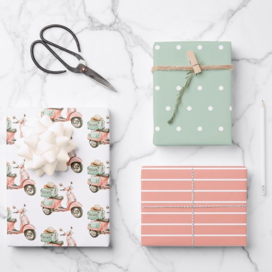Süßer rosa und aquafarbener Küsten-Roller Geschenkpapier Set (Vorderseite)