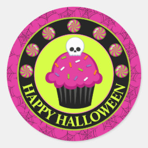 Süßer rosa und grüner Halloween-Totenkopf-Cupcake Runder Aufkleber