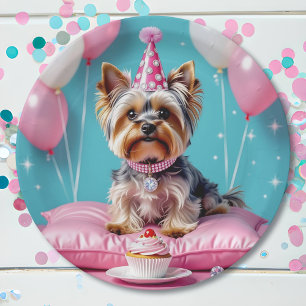 Süßer rosa Yorkie Geburtstag Pappteller