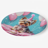 Süßer rosa Yorkie Geburtstag Pappteller (Schrägansicht)
