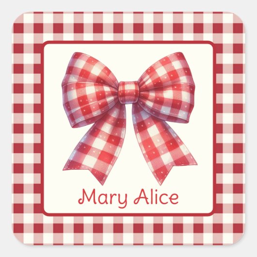 Süßer Rot-Creme-Gingham-Bogen Quadratischer Aufkleber (Vorderseite)