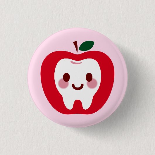 Süßer roter Apfel-Zahn-Charakter Button (Vorderseite)