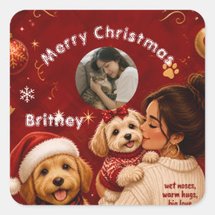 Süßer roter burgunderfroher Weihnachts-Hunde-Name- Quadratischer Aufkleber