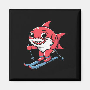 Süßer roter Hai auf Skiern Alpine Winter Cartoon  Magnet