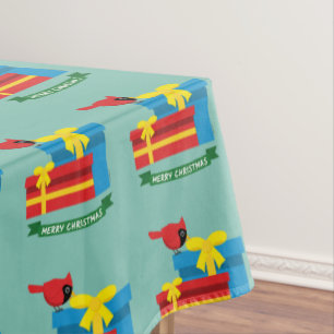 Süßer roter Kardinal öffnet ein blaues Geschenk Tischdecke
