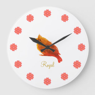 Süßer roter königlicher Vogel und Blumen Große Wanduhr