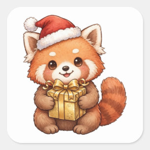 Süßer Roter Panda mit Weihnachtsmannmütze und Weih Quadratischer Aufkleber