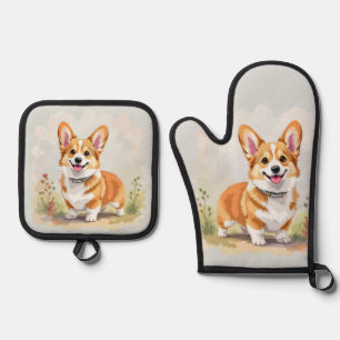 Süßer roter Pembroke Welsh Corgi Hund Ofenhandschuh & Topflappen-Set