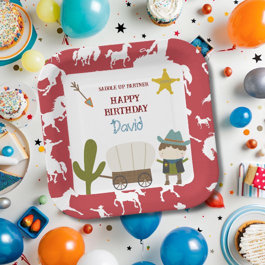 Süßer roter Pferd-Cowboy-Junge-Geburtstag Pappteller