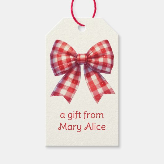 Süßer roter und cremefarbener Gingham-Bogen Geschenkanhänger (Vorderseite)