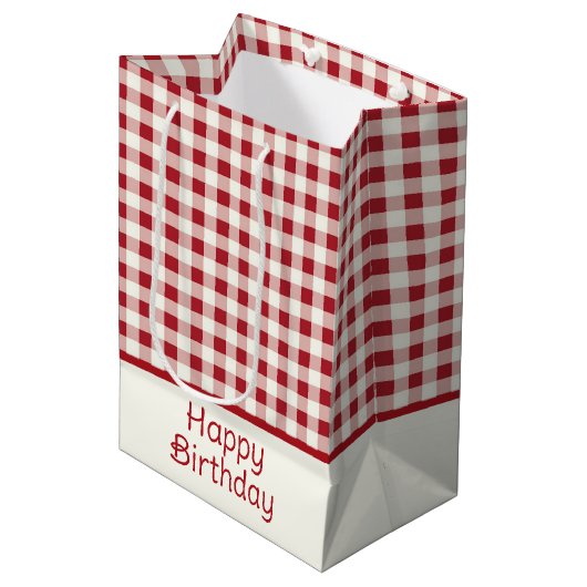 Süßer roter und cremefarbener Gingham-Bogen Mittlere Geschenktüte (Vorderseite Schrägansicht)