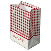 Süßer roter und cremefarbener Gingham-Bogen Mittlere Geschenktüte (Rückseite Schrägansicht)
